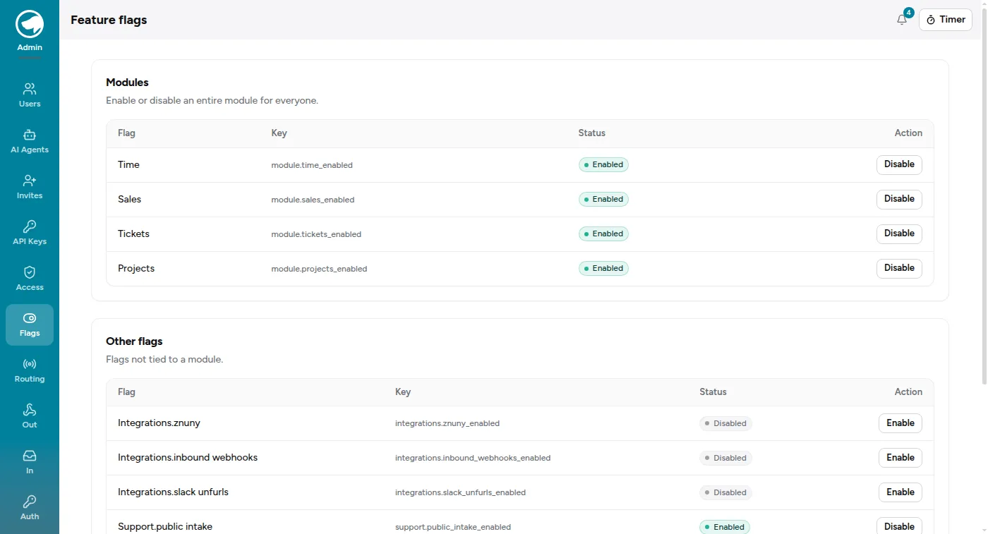 The Feature Flags page, listing each module flag and the non-module flags beneath it.