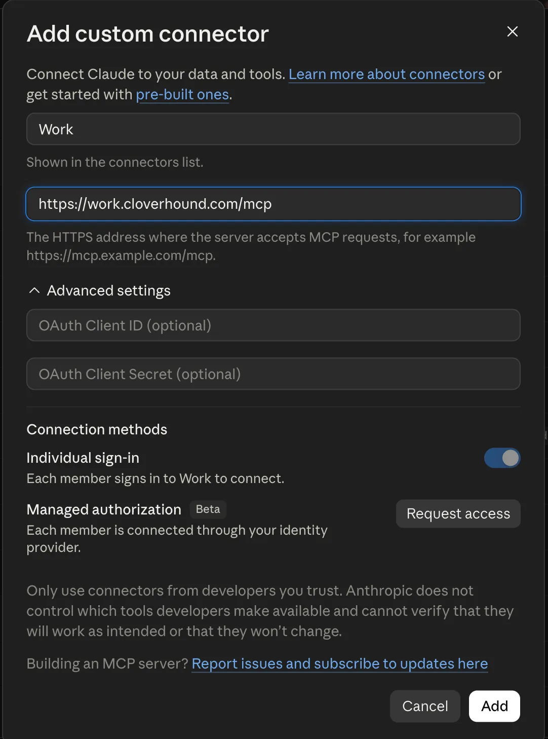 The Add custom connector dialog: a name field, the HTTPS address, advanced settings with empty OAuth fields, and individual sign-in switched on.