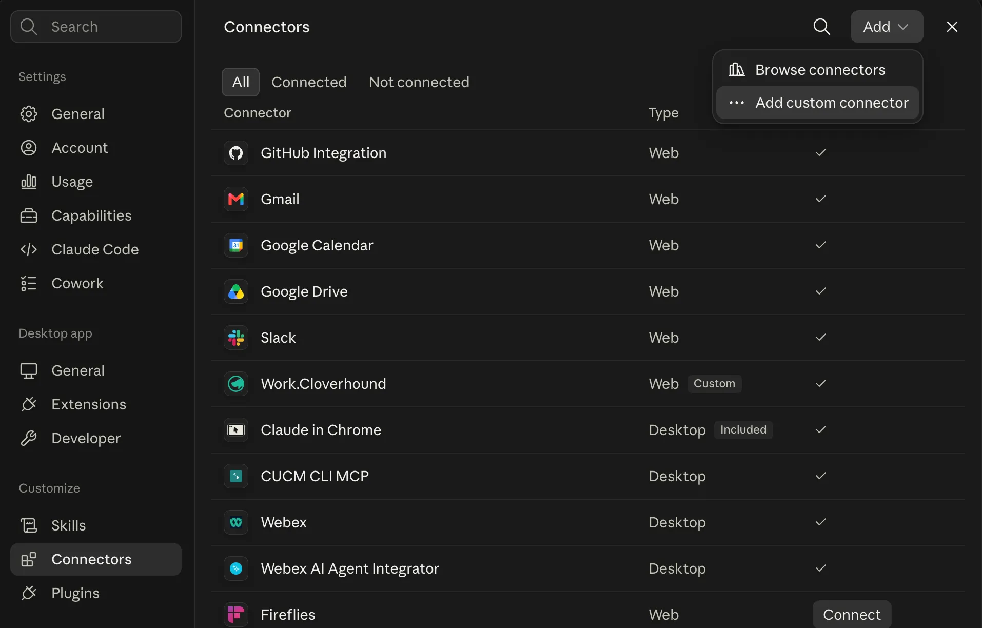 Claude's connectors list with the Add menu open, showing Browse connectors and Add custom connector.