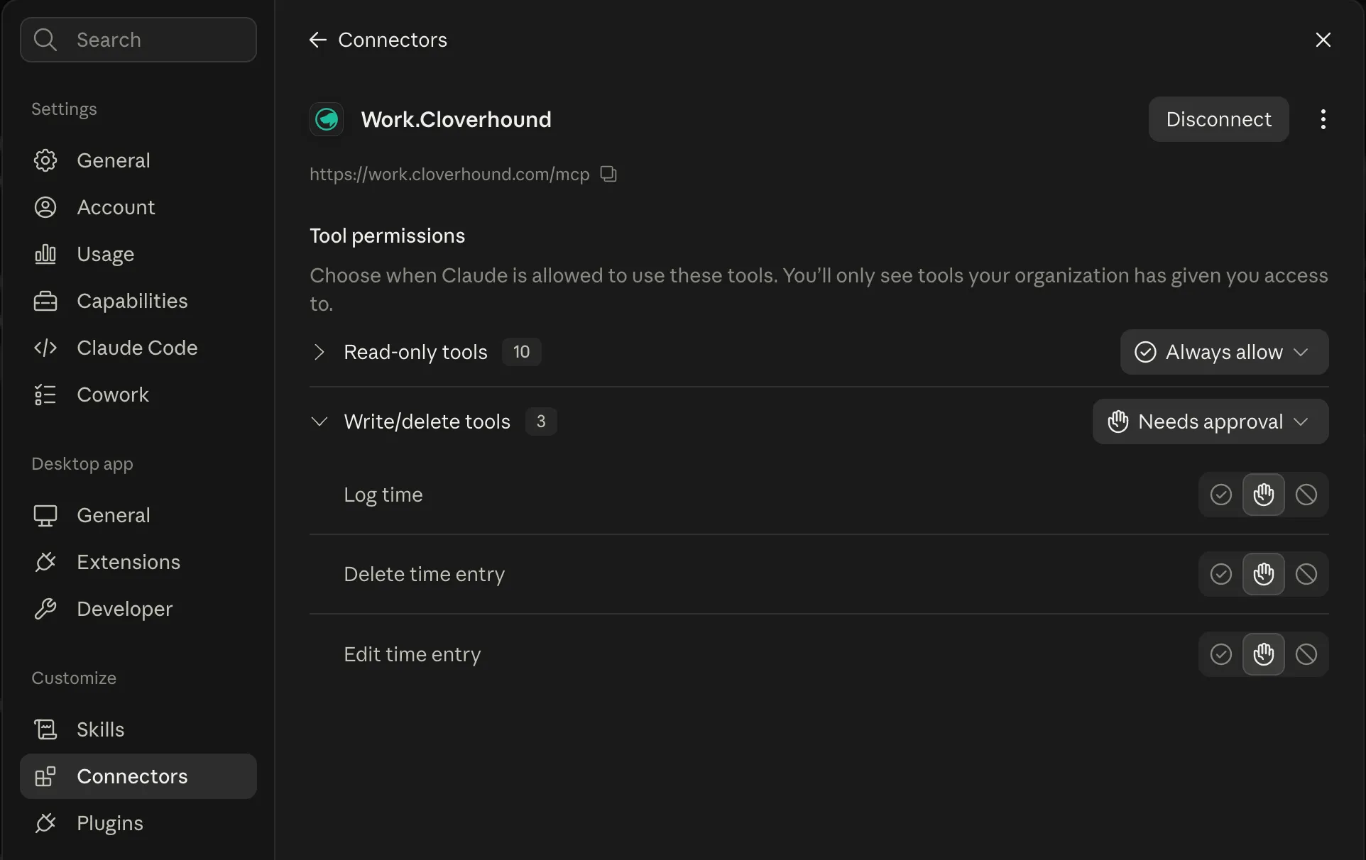 Tool permissions: ten read-only tools set to always allow, and three write or delete tools set to needs approval.