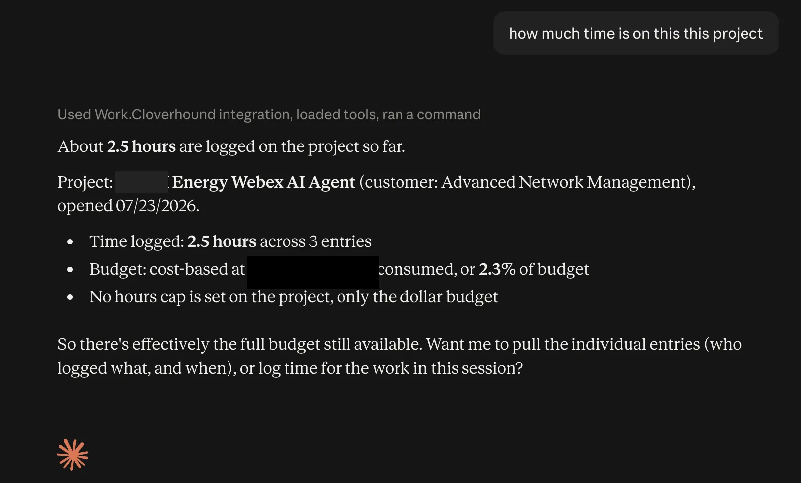 Claude answering a question about a project: hours logged, the number of entries, and how much of the budget is consumed.