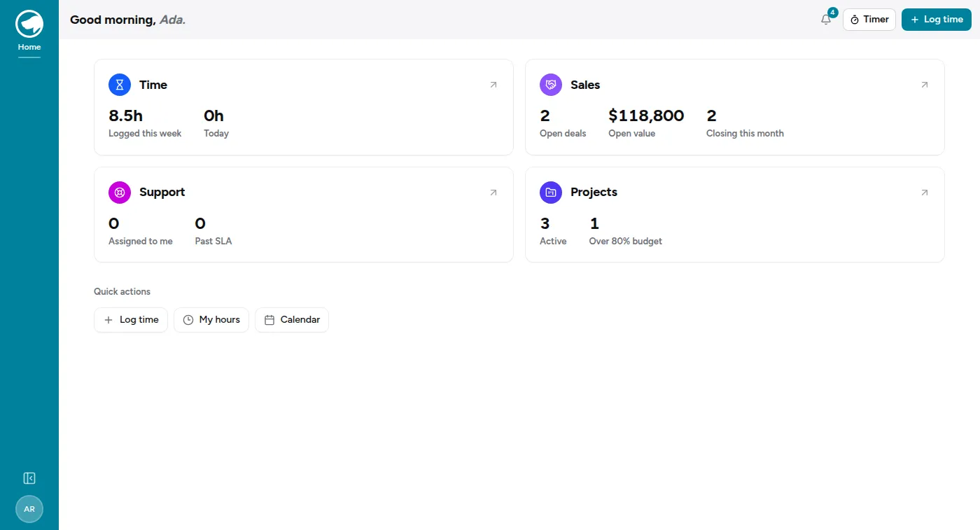 The home page: one card per module you can reach, each showing what needs you today, with the module rail down the left.