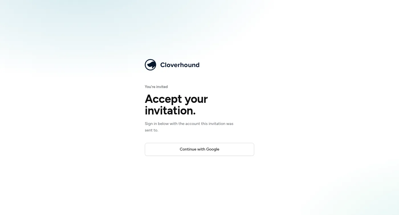 The invitation page: a short heading reading Accept your invitation, and a Continue with Google button.