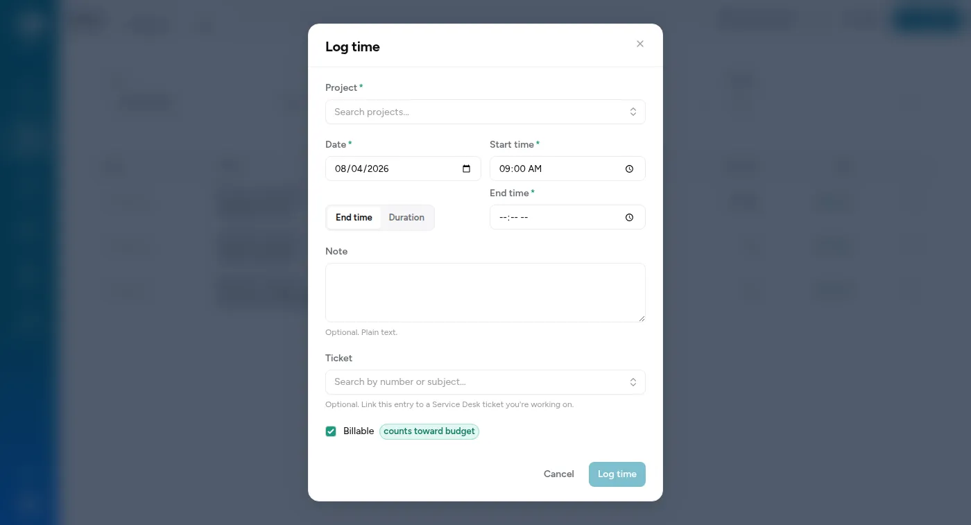 The Log time dialog with the project picker, date, start time, and the End time / Duration toggle.