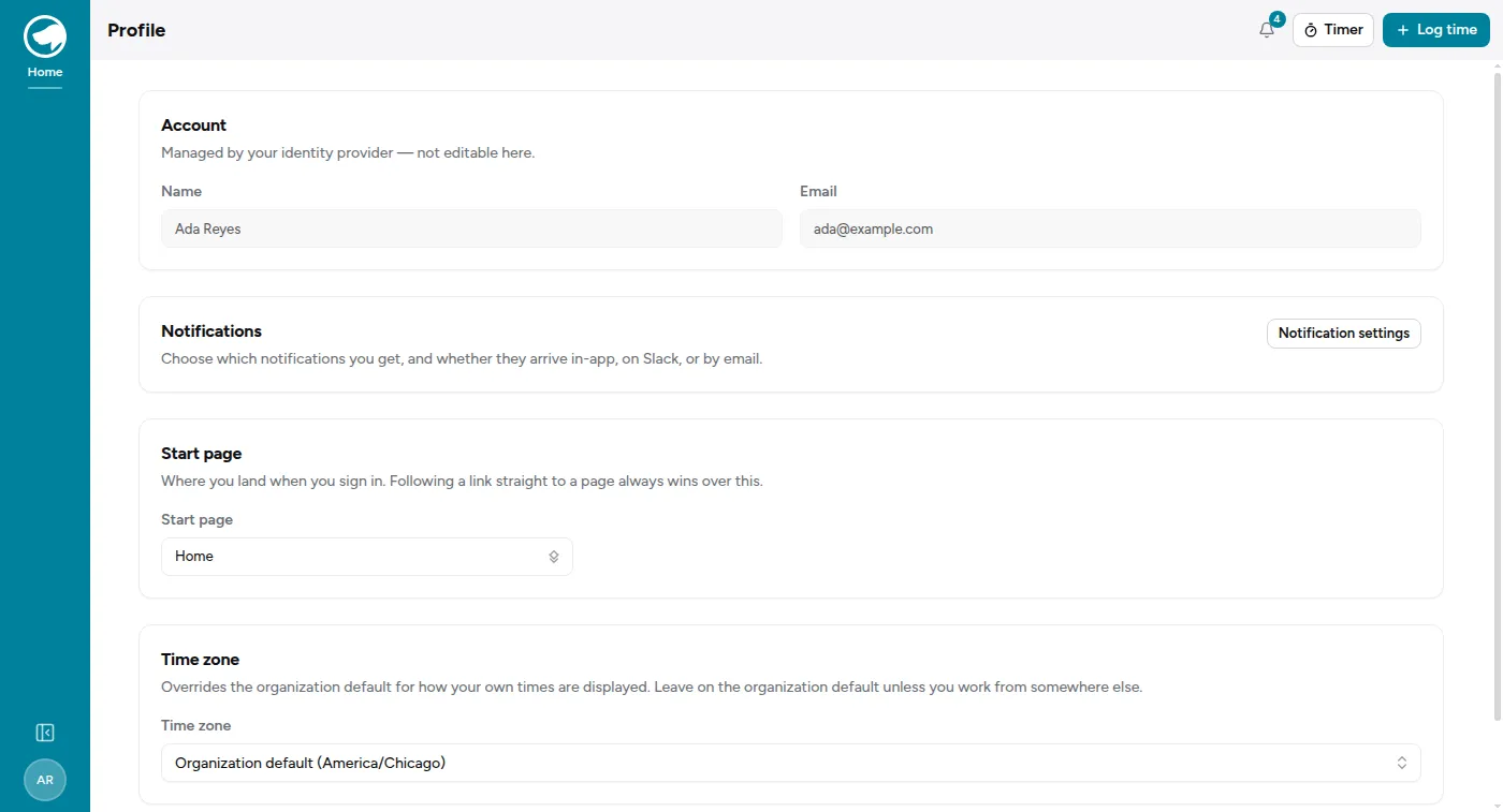 The profile page: a read-only account card, a link to notification settings, a start page picker, a ticket view choice, and a time zone override.